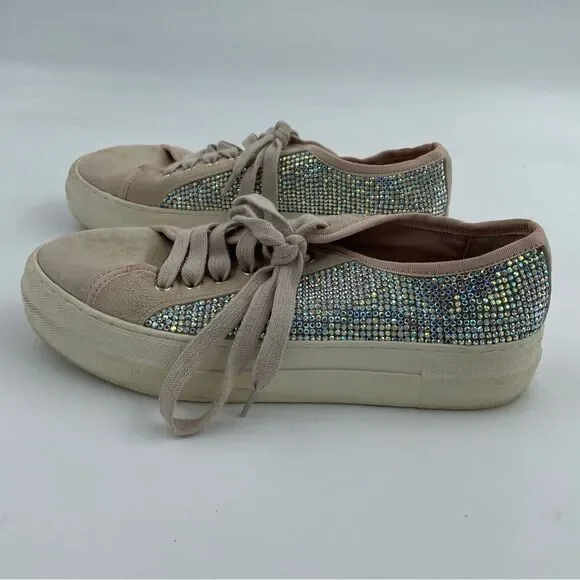 Gianni Bini Zennaa Rhinestone Embellished Blush Pink Suede Lace Up Sneakers - Picture 3 of 5